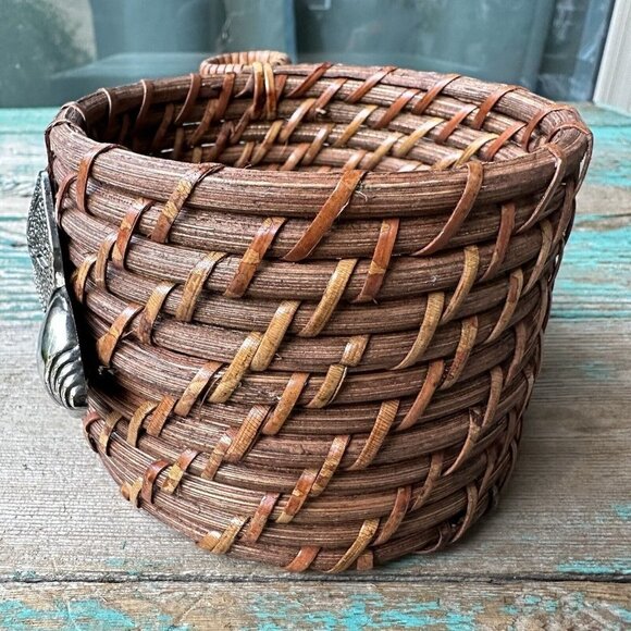 Woven Basket 3.25" Bottle Cradle Cork Holder 5 Cocktail Forks Seashells Beachy - Picture 5 of 12